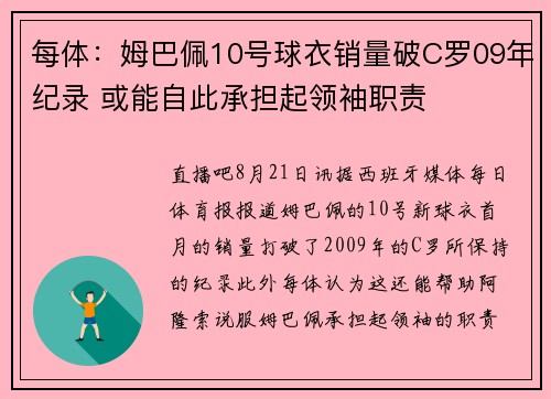 每体：姆巴佩10号球衣销量破C罗09年纪录 或能自此承担起领袖职责